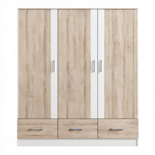 Szafa 3-drzwiowa z 3 szufladami Dąb sonoma/Biały/Srebrny 180 × 52 × 200 cm